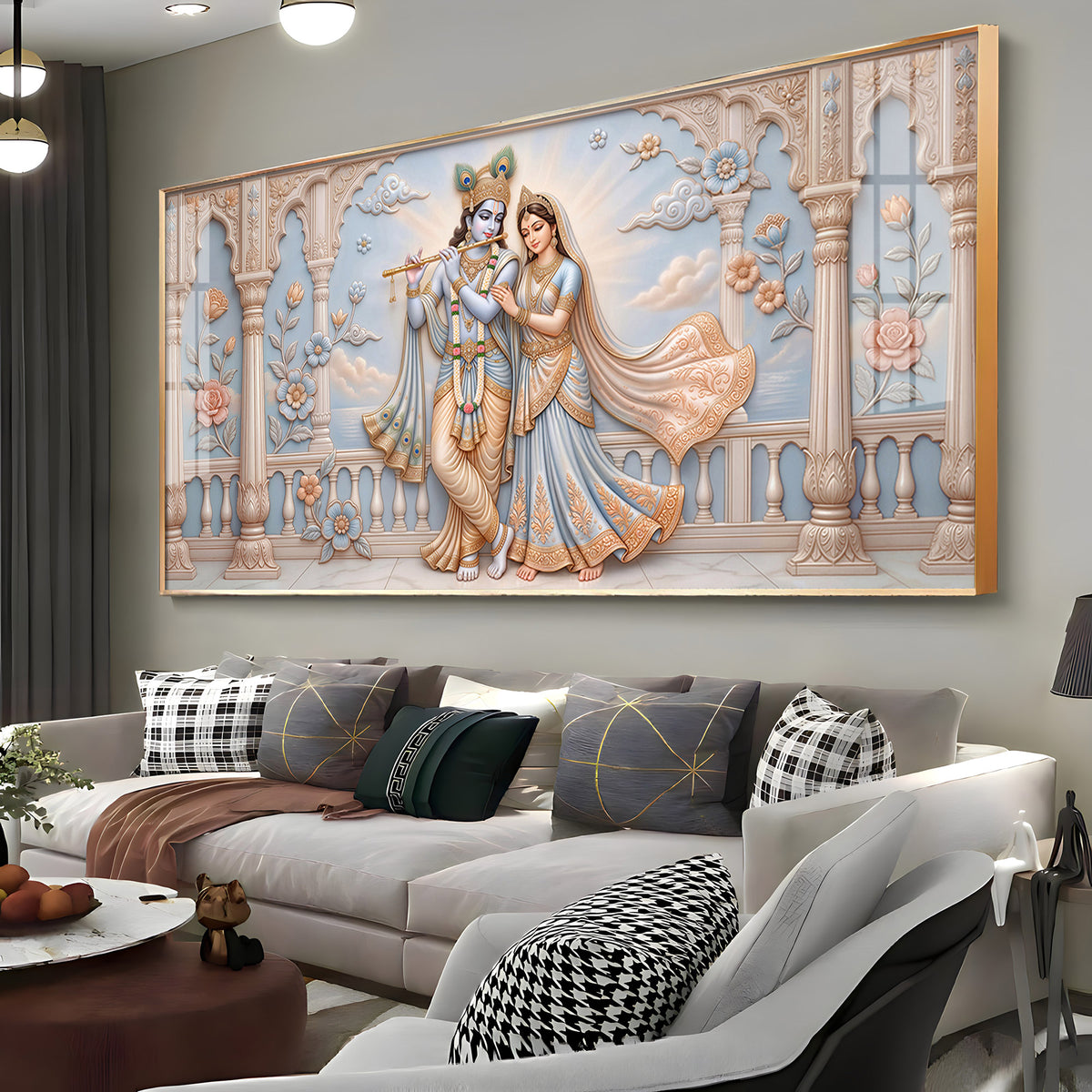 Krishna Playing The Flute Beside Radha Premium Acrylic Horizontal Wall Art
