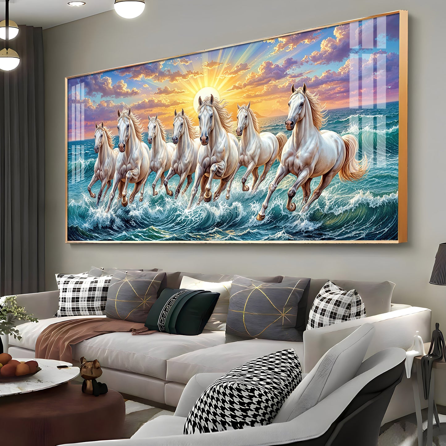 7 Running Horses Galloping Across Water Premium Acrylic Horizontal Wall Art