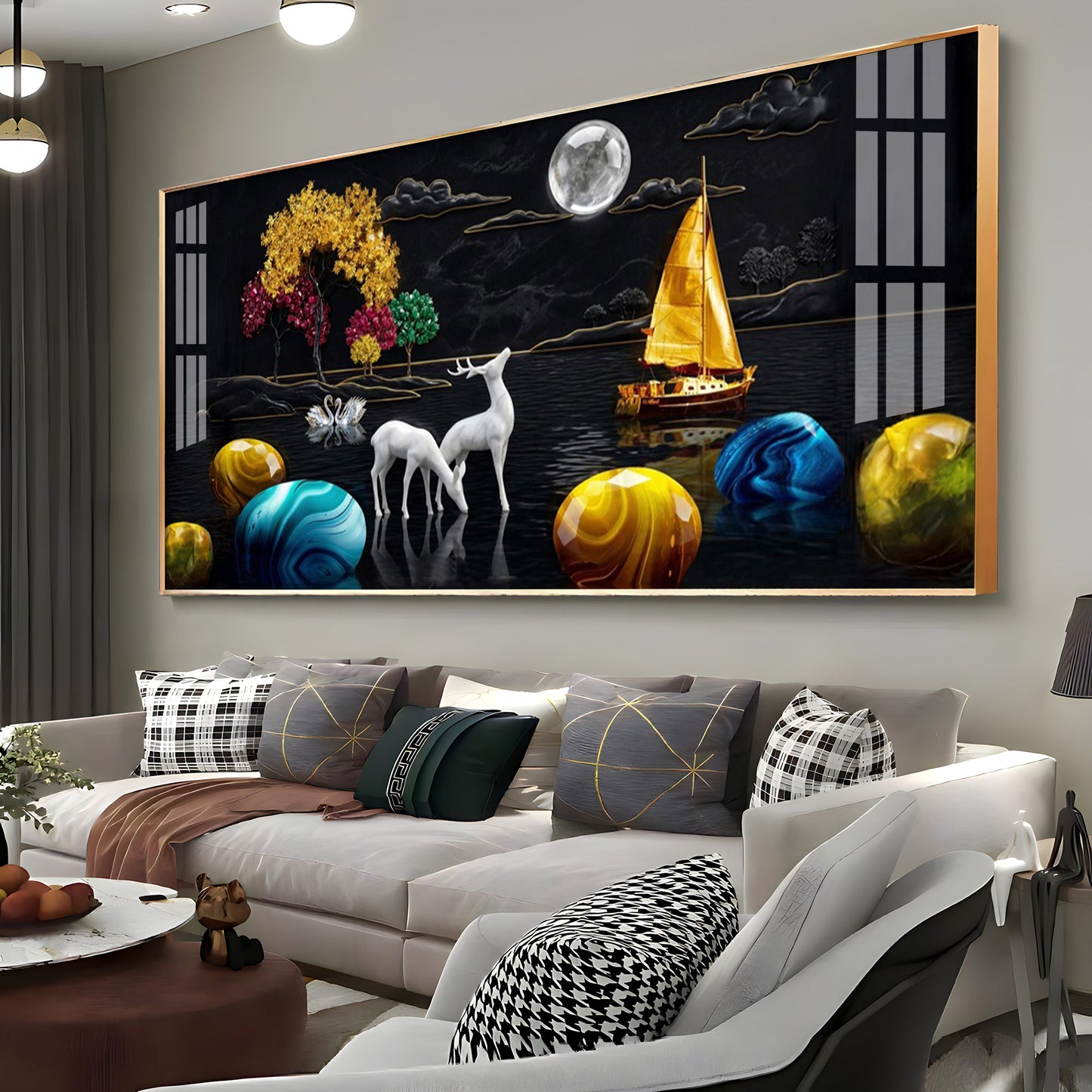 Rustic Serenity With Deer on the Lake Premium Acrylic Horizontal Wall Art
