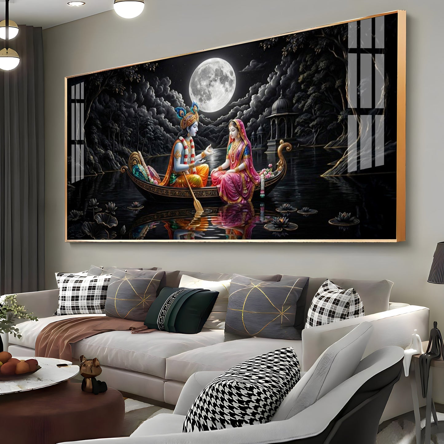 Radha & Krishna's Moonlit Journey Premium Acrylic Horizontal Wall Art