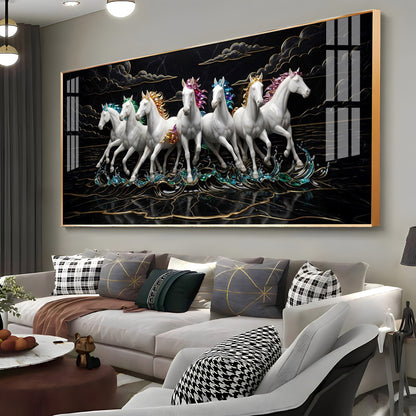 Splashing Stallions White Seven Horses Premium Acrylic Horizontal Wall Art
