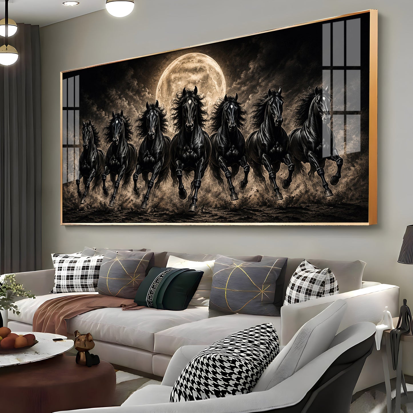 Seven Black Horses Full Moon Premium Acrylic Horizontal Wall Art