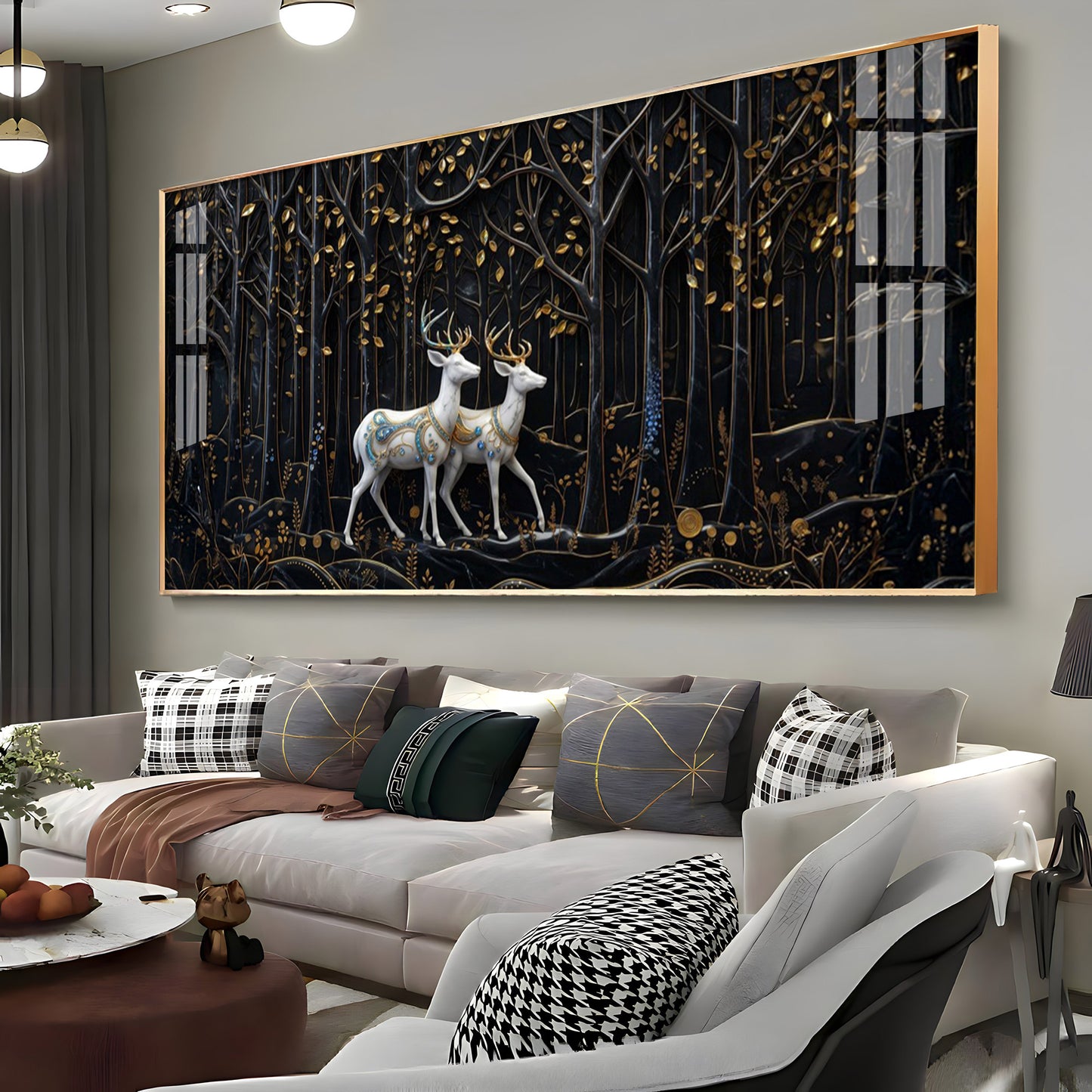 Two White Deer In A Black Forest Premium Acrylic Horizontal Wall Art