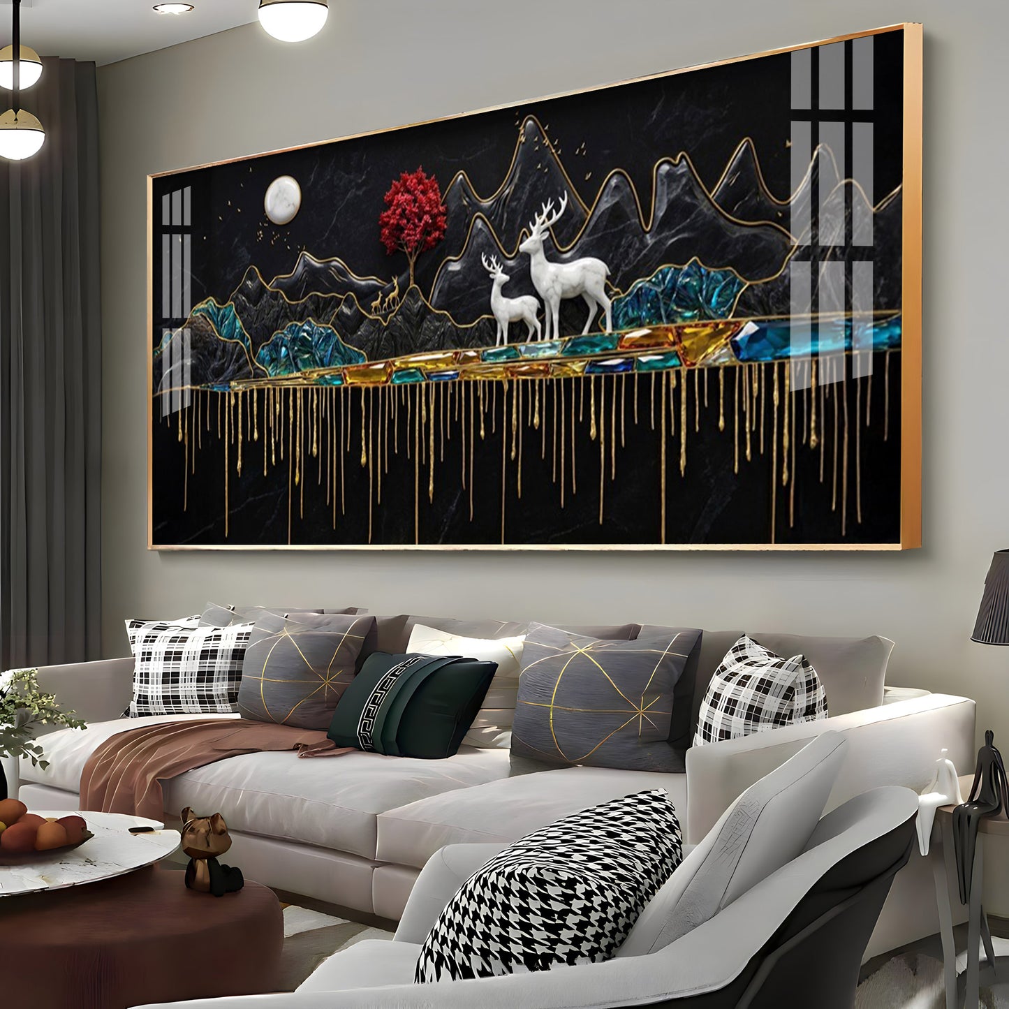 Nature's Gold With Deer in the Mountains Premium Acrylic Horizontal Wall Art
