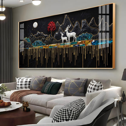 Nature's Gold With Deer in the Mountains Premium Acrylic Horizontal Wall Art