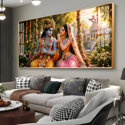 Krishna With Radha Seated Together Premium Acrylic Horizontal Wall Art