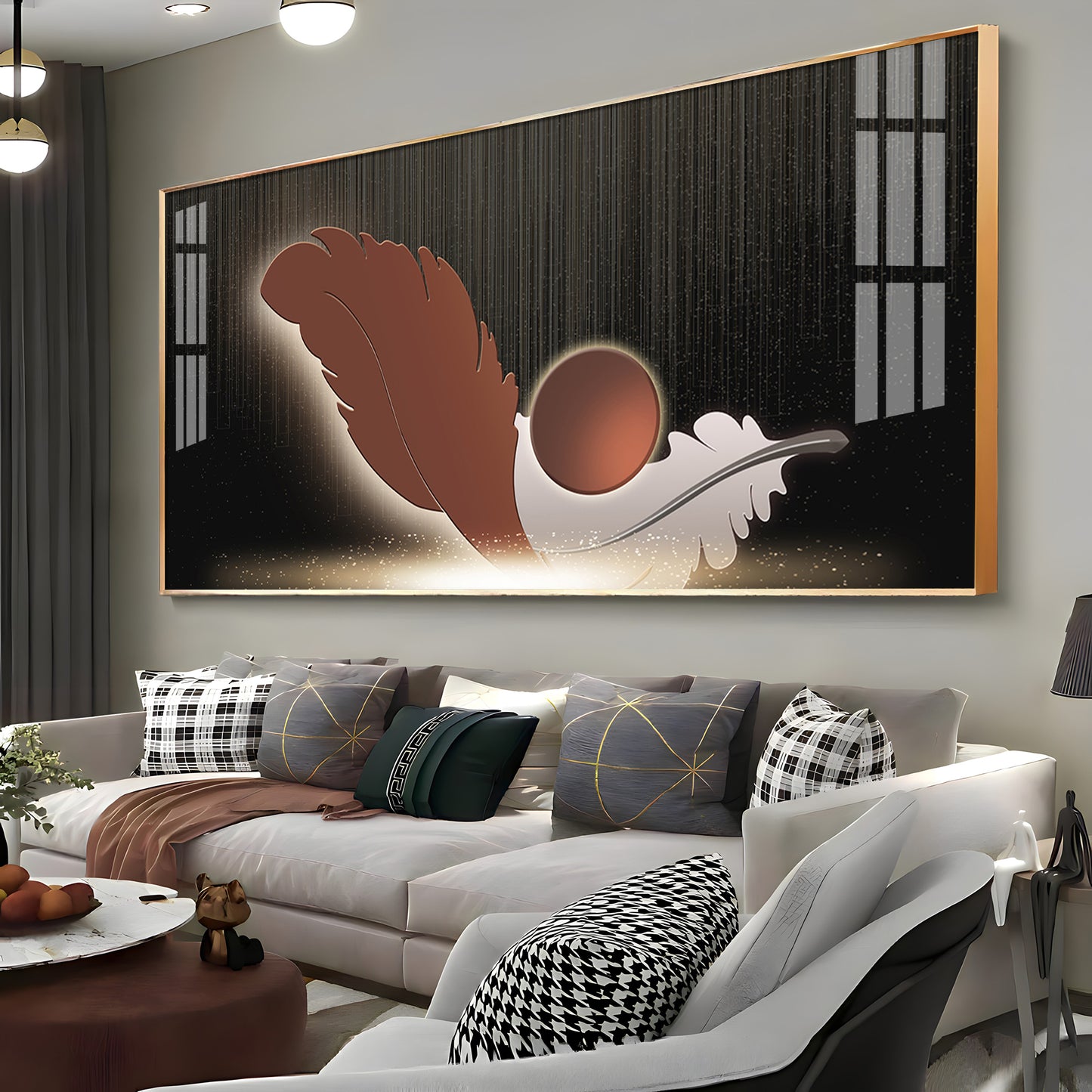 Feathers With Circle Design Premium Acrylic Horizontal Wall Art