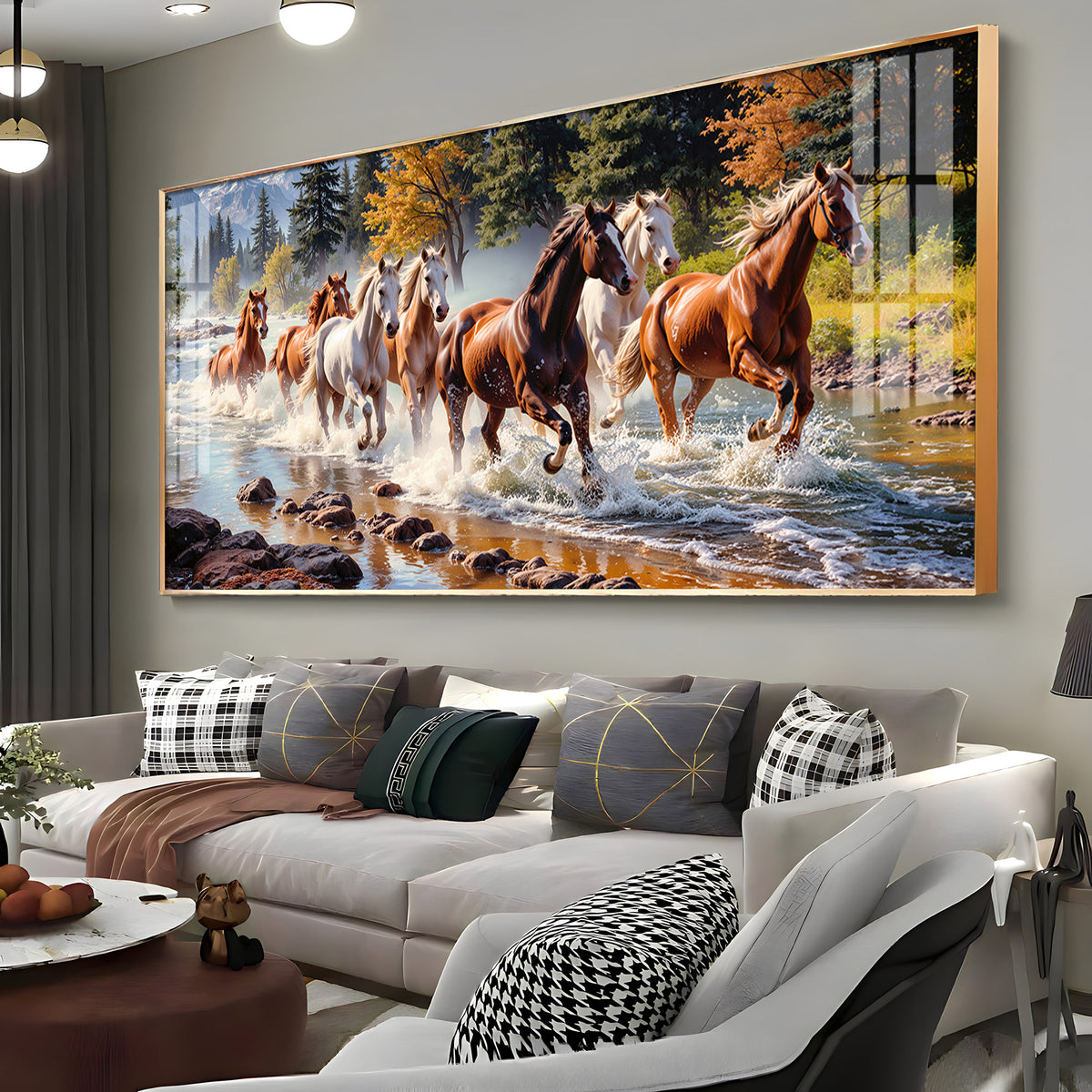 Running Horses in River Premium Acrylic Horizontal Wall Art