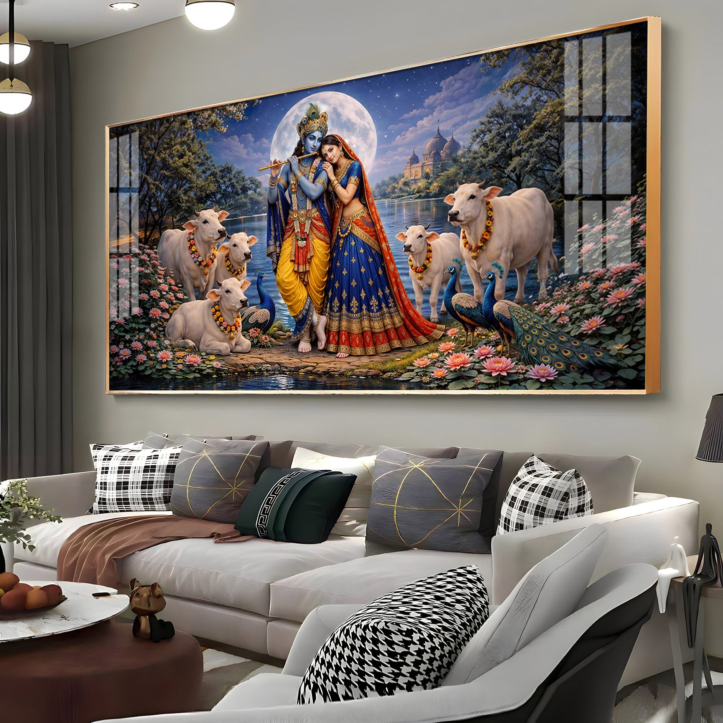Shri Radha Krishna With Cow Premium Acrylic Horizontal Wall Art