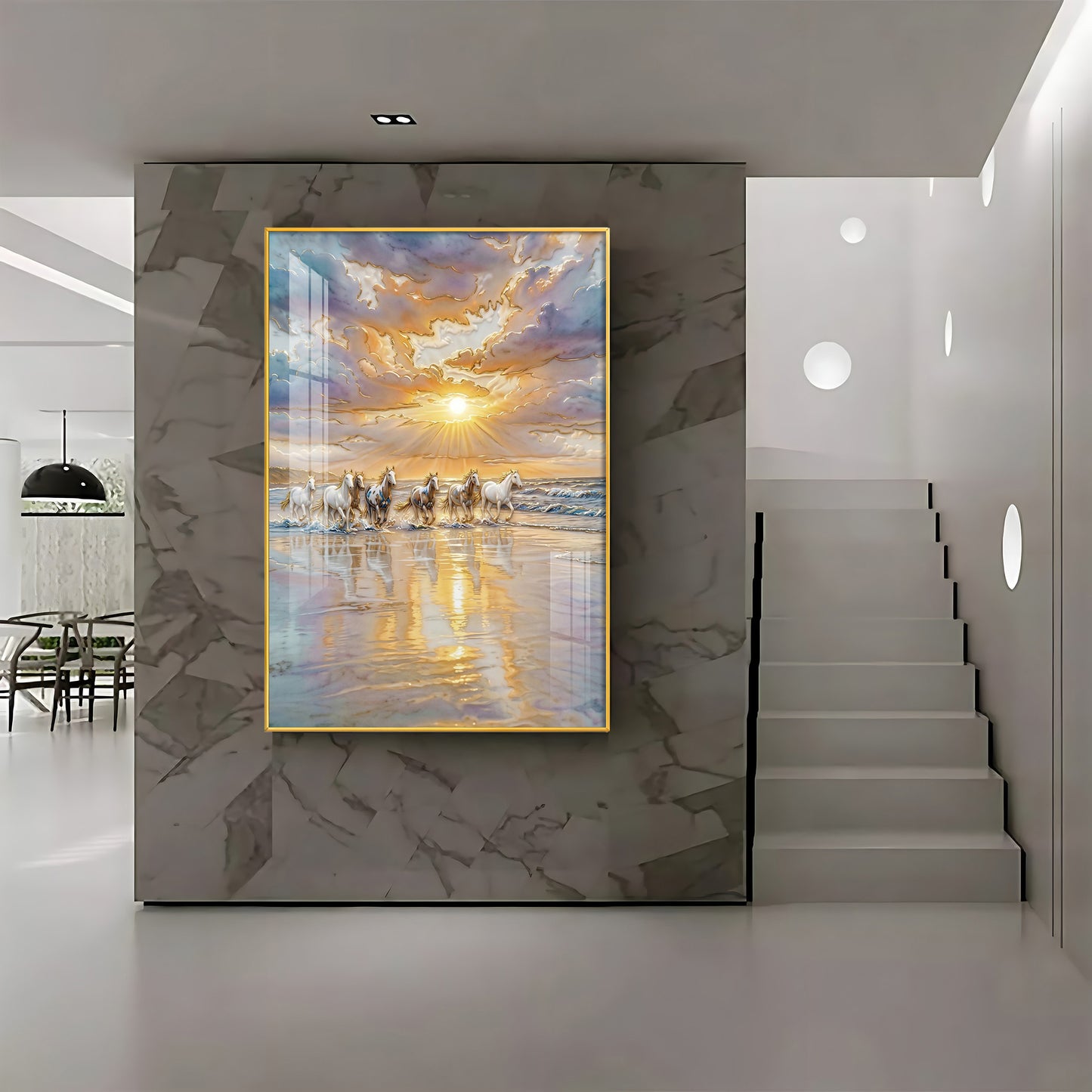 Depicting Seven White Horses Running Premium Acrylic Vertical Wall Art