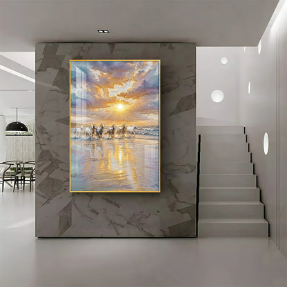 Depicting Seven White Horses Running Premium Acrylic Vertical Wall Art