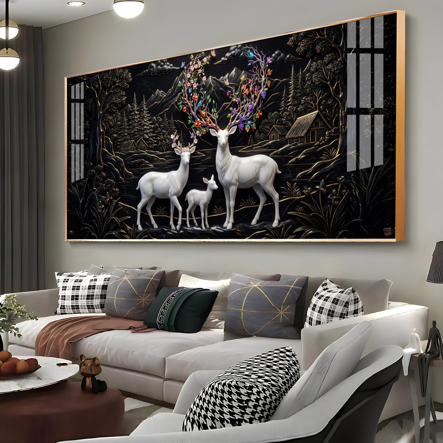 Family of Deer With Colorful Antlers Premium Acrylic Horizontal Wall Art
