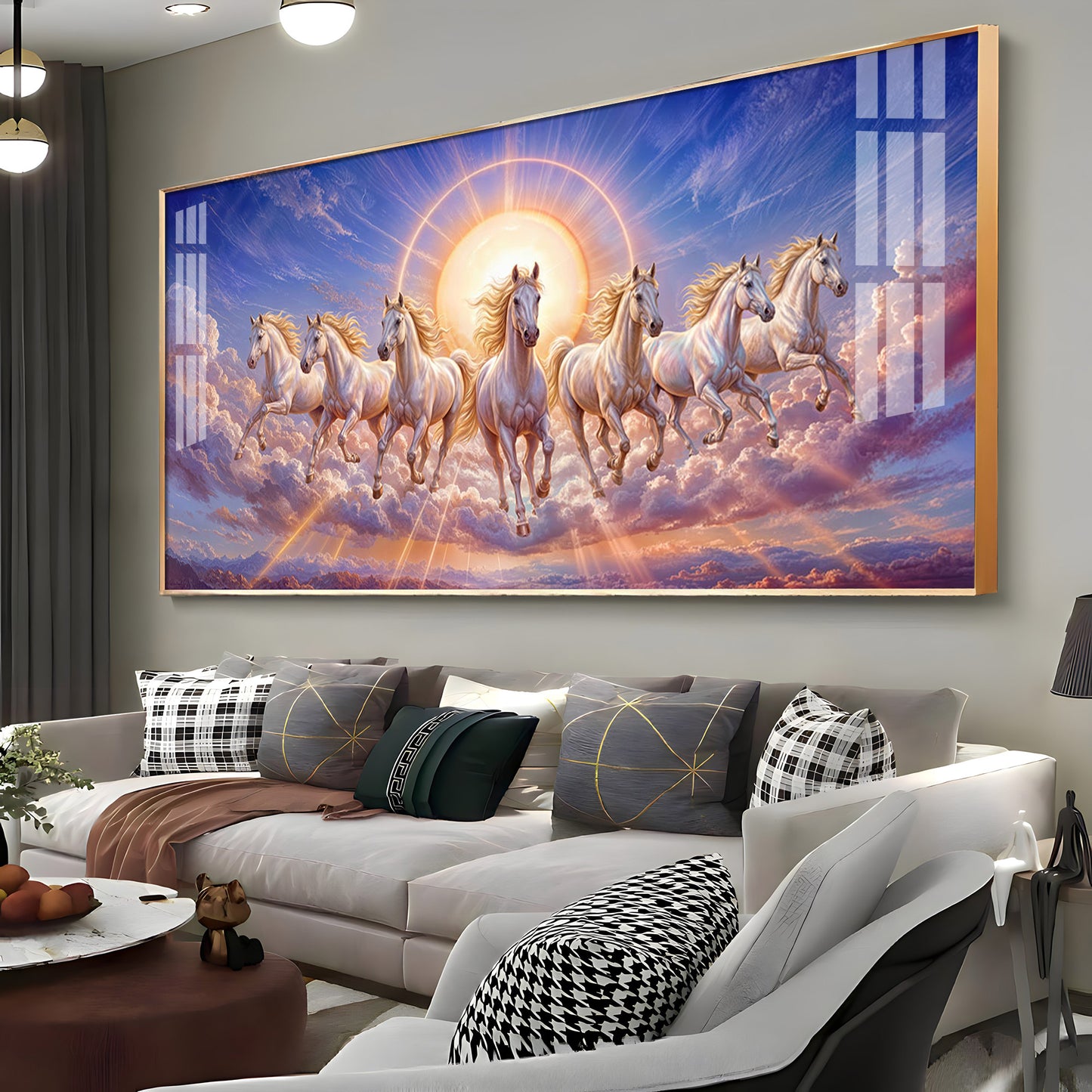 Seven Galloping White Horses Premium Acrylic Horizontal Wall Art