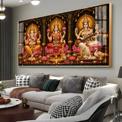 Maa Lakshmi, Saraswati & Ganesha Ji Premium Acrylic Horizontal Wall Art