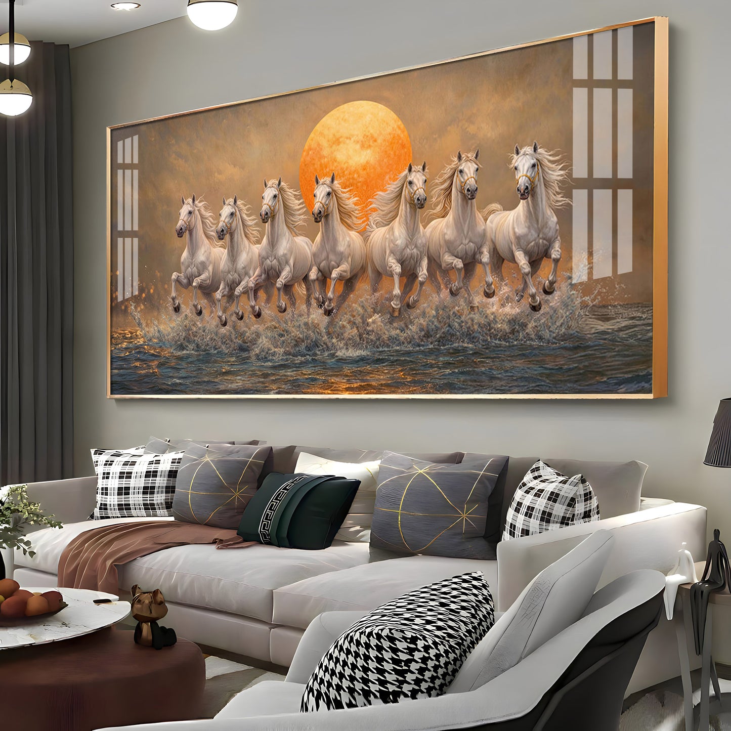 Majestic White Horses With Warm Sun Premium Acrylic Horizontal Wall Art