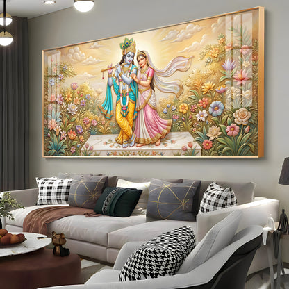 Radha Krishna Surrounded By Flowers Premium Acrylic Horizontal Wall Art
