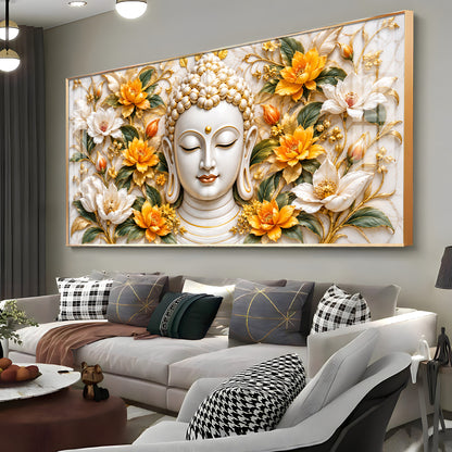 Buddha With Golden White Blossom Premium Acrylic Horizontal Wall Art