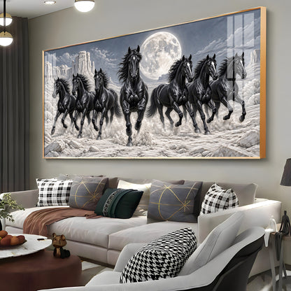 Seven Running Black Horses Premium Acrylic Horizontal Wall Art