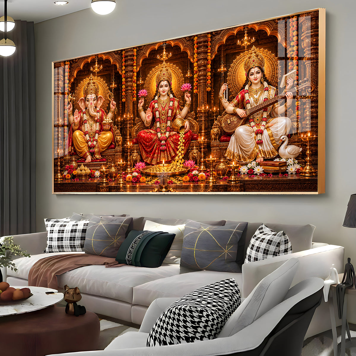 Shri Ganesha, Goddess Lakshmi, and Goddess Saraswati Premium Acrylic Horizontal Wall Art