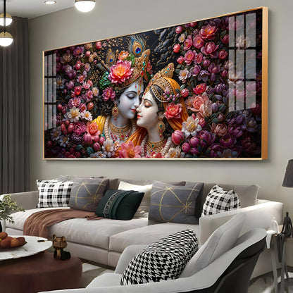 Floral Radha Krishna With Beautiful Background Premium Acrylic Horizontal Wall Art