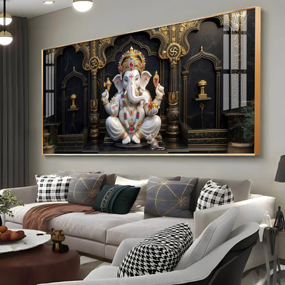 White & Gold Lord Ganesha Premium Acrylic Horizontal Wall Art