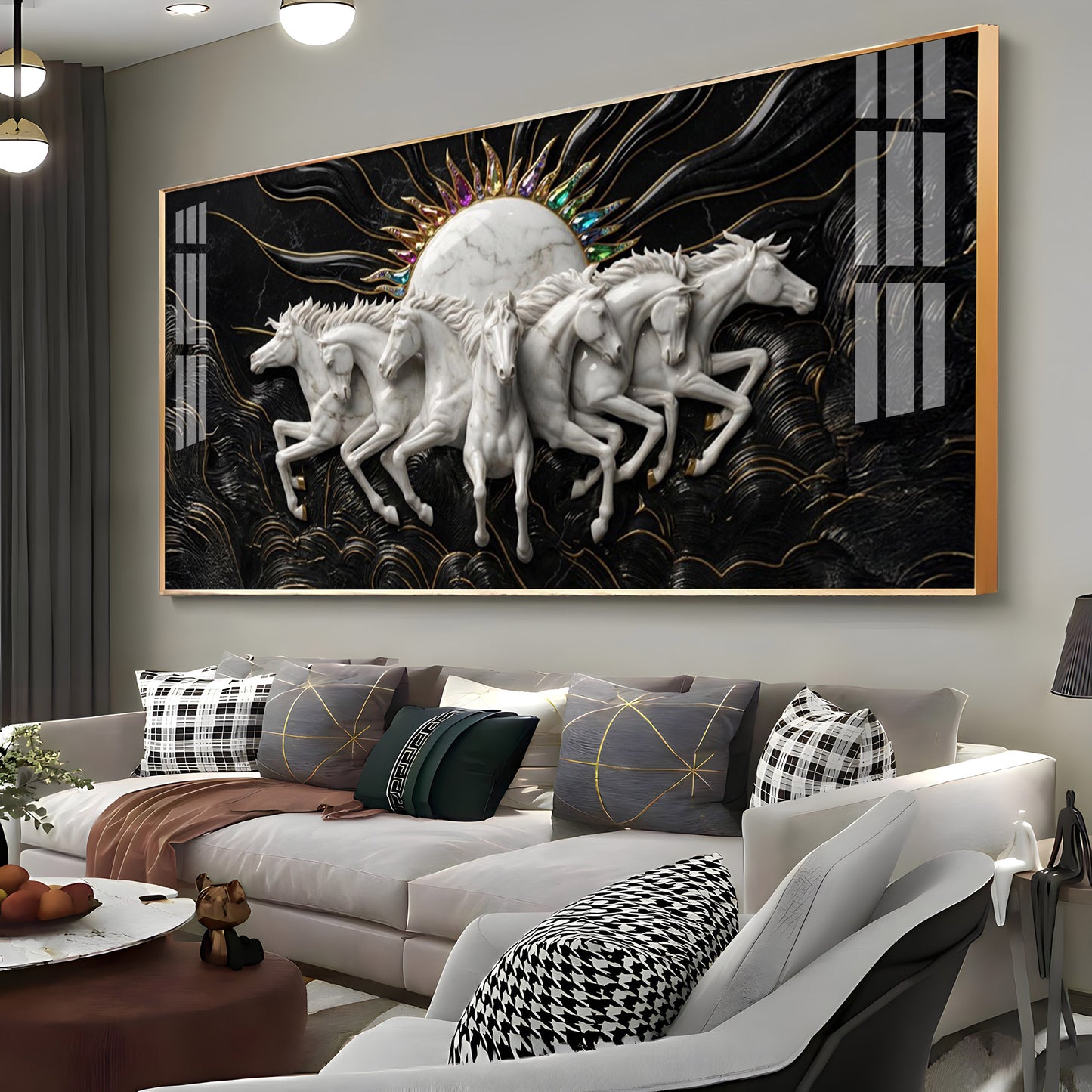 White Running Horses Premium Acrylic Horizontal Wall Art