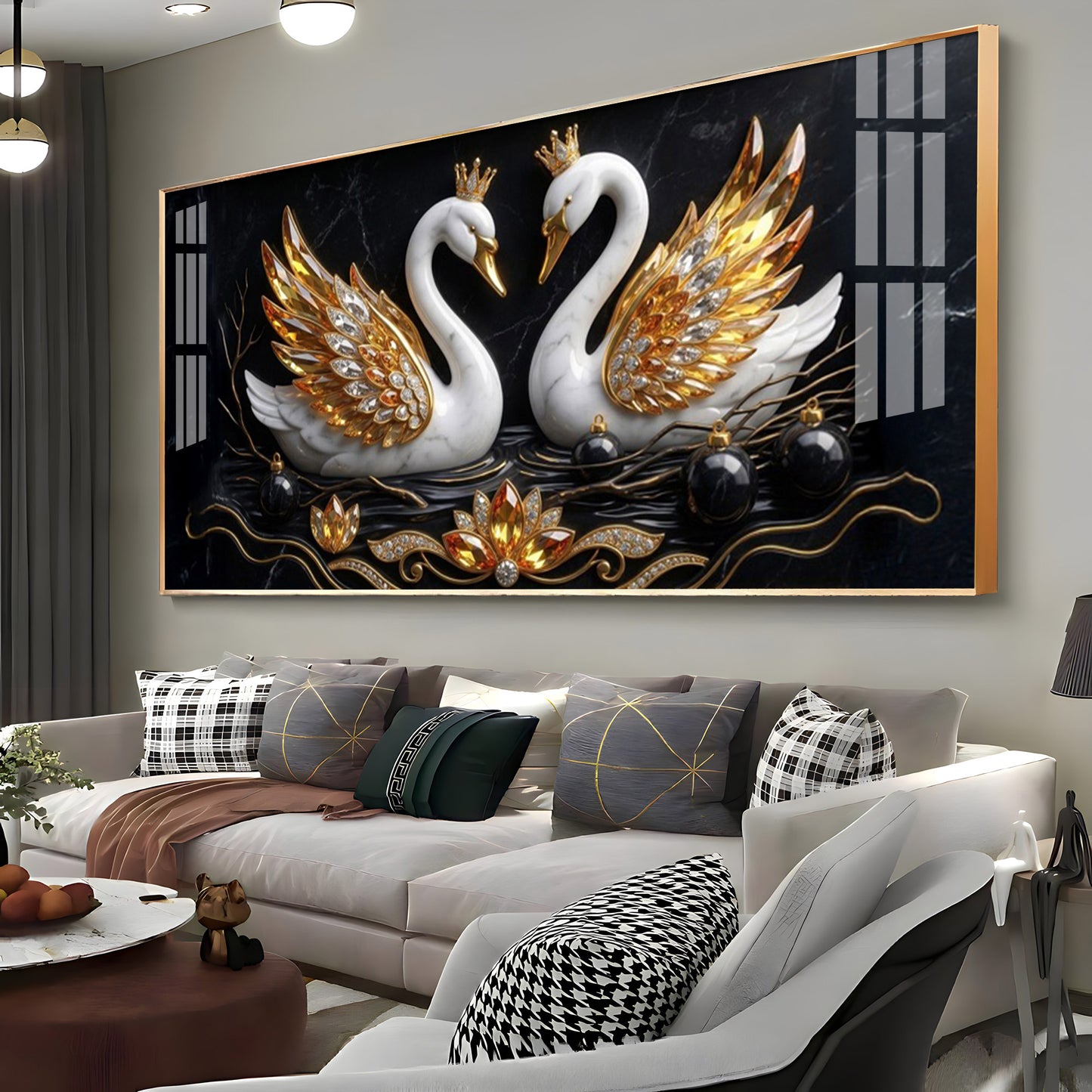 Golden Elegance Swans Premium Acrylic Horizontal  Wall Art