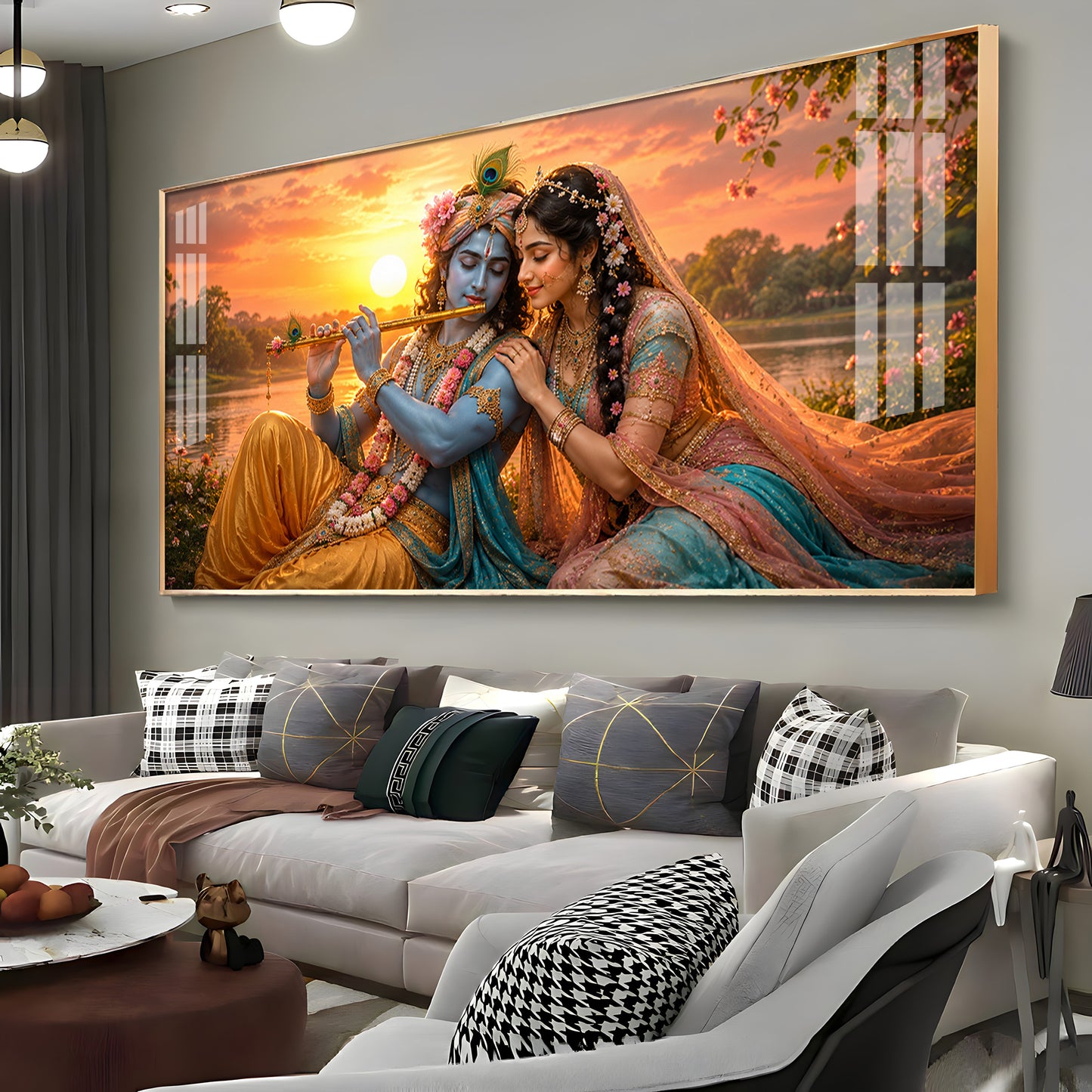 Radha & Krishna Sitting Tranquil Lakeside Premium Acrylic Horizontal Wall Art