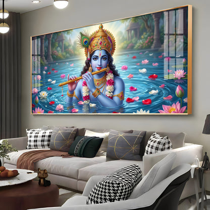 Krishna With Flute Under Pond Premium Acrylic Horizontal Wall Art