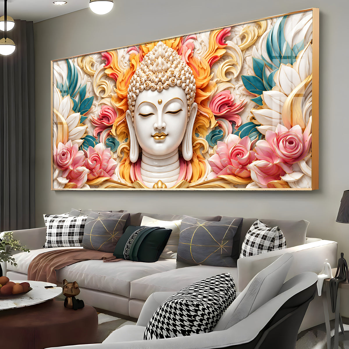 Meditating Buddha In Floral Premium Acrylic Horizontal Wall Art