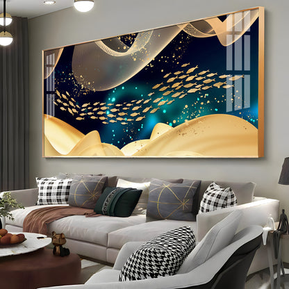 Golden Fish In Dark Blue Underwater Premium Acrylic Horizontal Wall Art