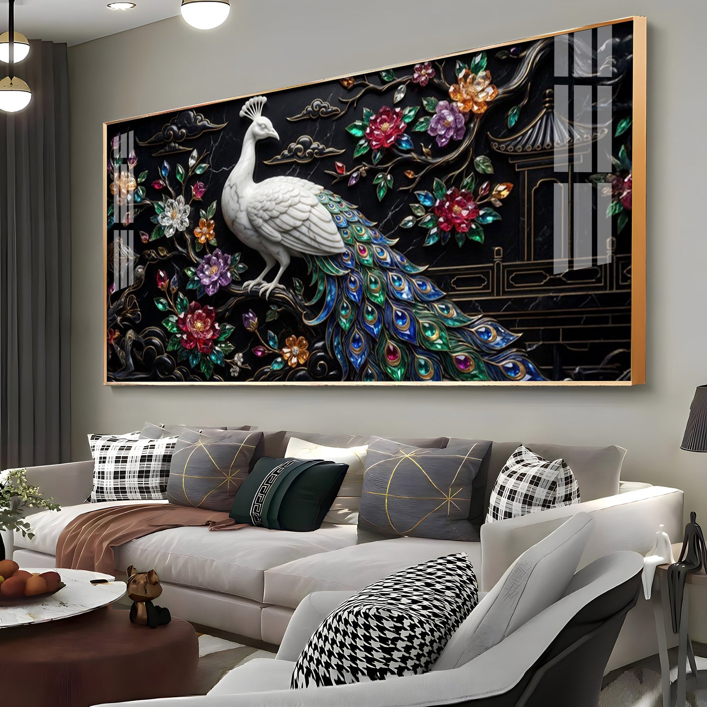 White Peacock With Colorful Background Premium Acrylic Horizontal Wall Art
