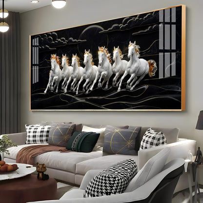 White Seven Horses in the Dark Premium Acrylic Horizontal Wall Art