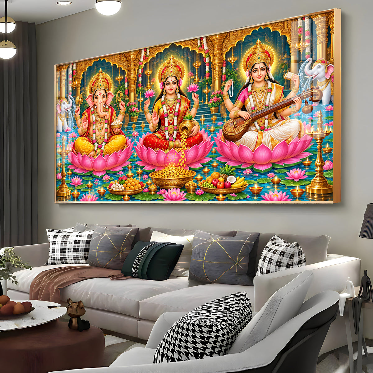 Divine Lord Ganesha, Goddess Lakshmi, and Goddess Saraswati Premium Acrylic Horizontal Wall Art
