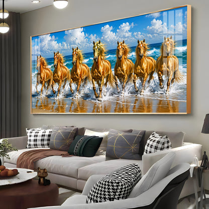 Seven Golden Horses In Ocean Premium Acrylic Horizontal Wall Art