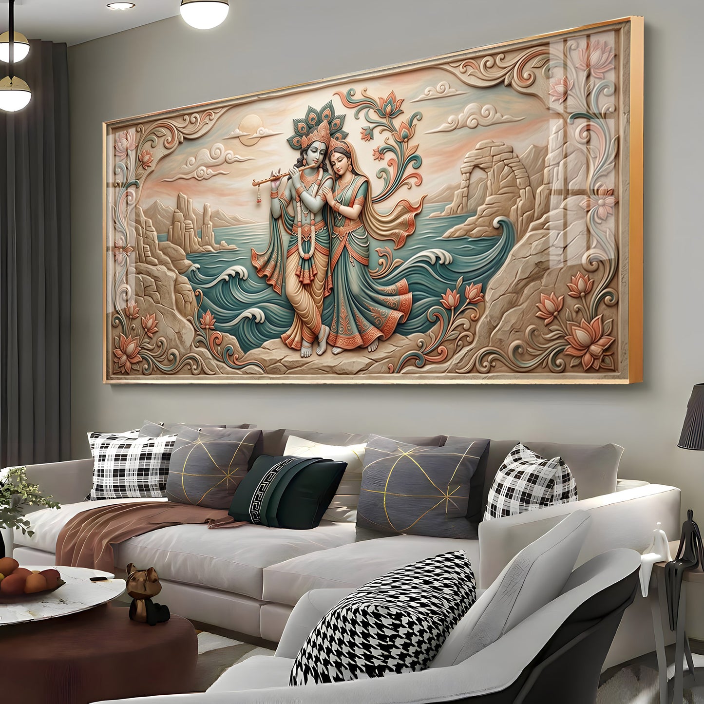 Radha Krishna With Flowers Premium Acrylic Horizontal Wall Art