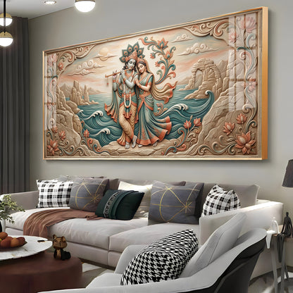 Radha Krishna With Flowers Premium Acrylic Horizontal Wall Art
