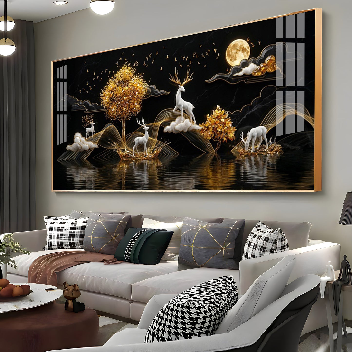 Moonlit Golden Deer Night Theam Premium Acrylic Horizontal Wall Art