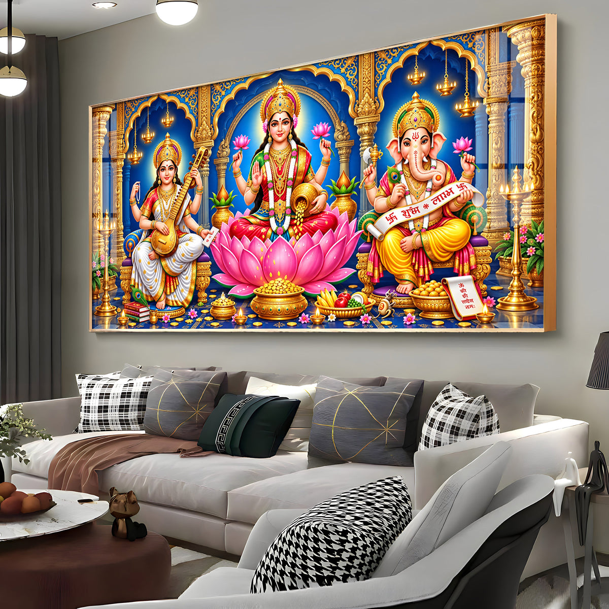 Maa Lakshmi, Saraswati & Ganesha Premium Acrylic Horizontal Wall Art
