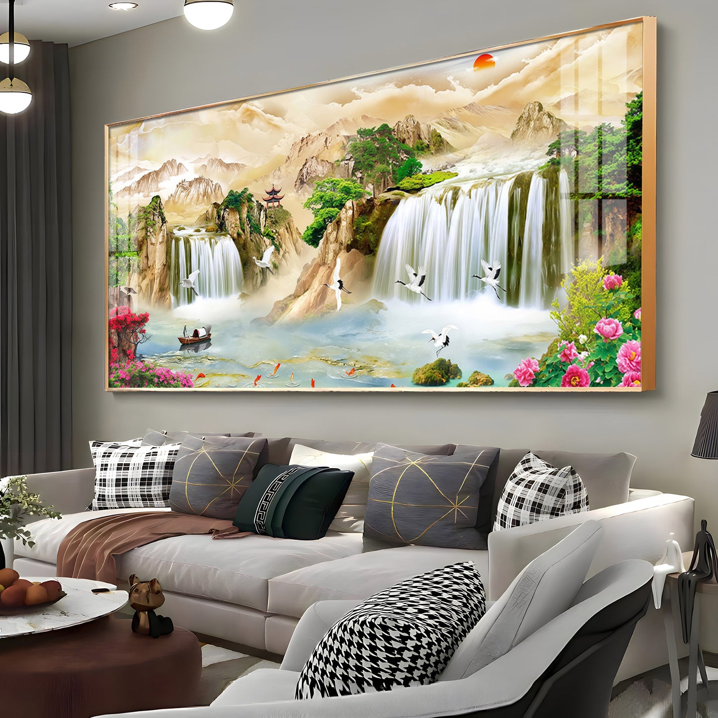 Serene Landscape With Cranes & Flowers Premium Acrylic Horizontal Wall Art
