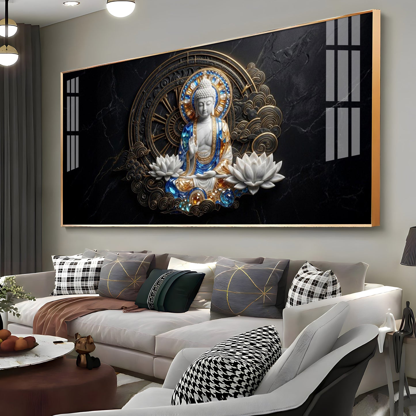 White & Gold Buddha With Flowers Premium Acrylic Horizontal Wall Art