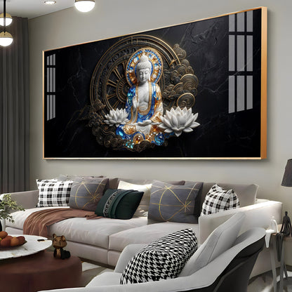 White & Gold Buddha With Flowers Premium Acrylic Horizontal Wall Art