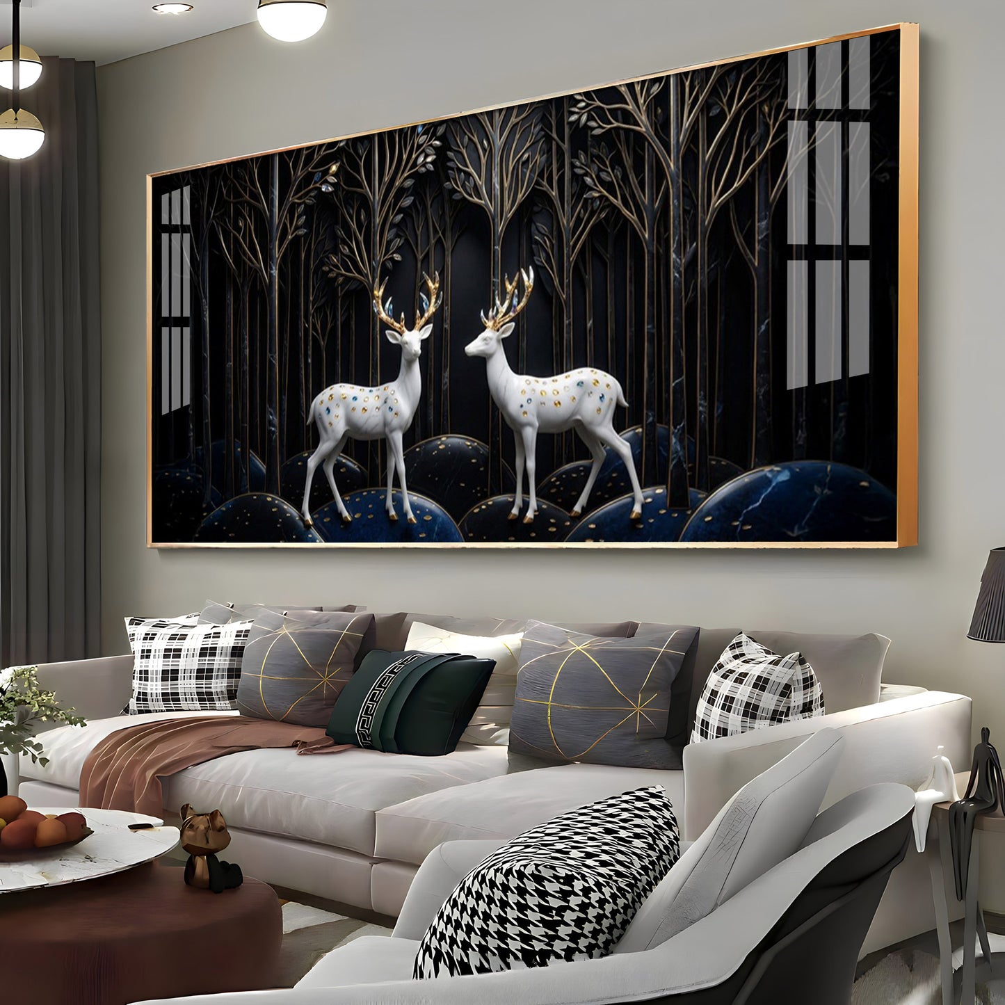 Two White Deer With Golden Antlers Premium Acrylic Horizontal Wall Art