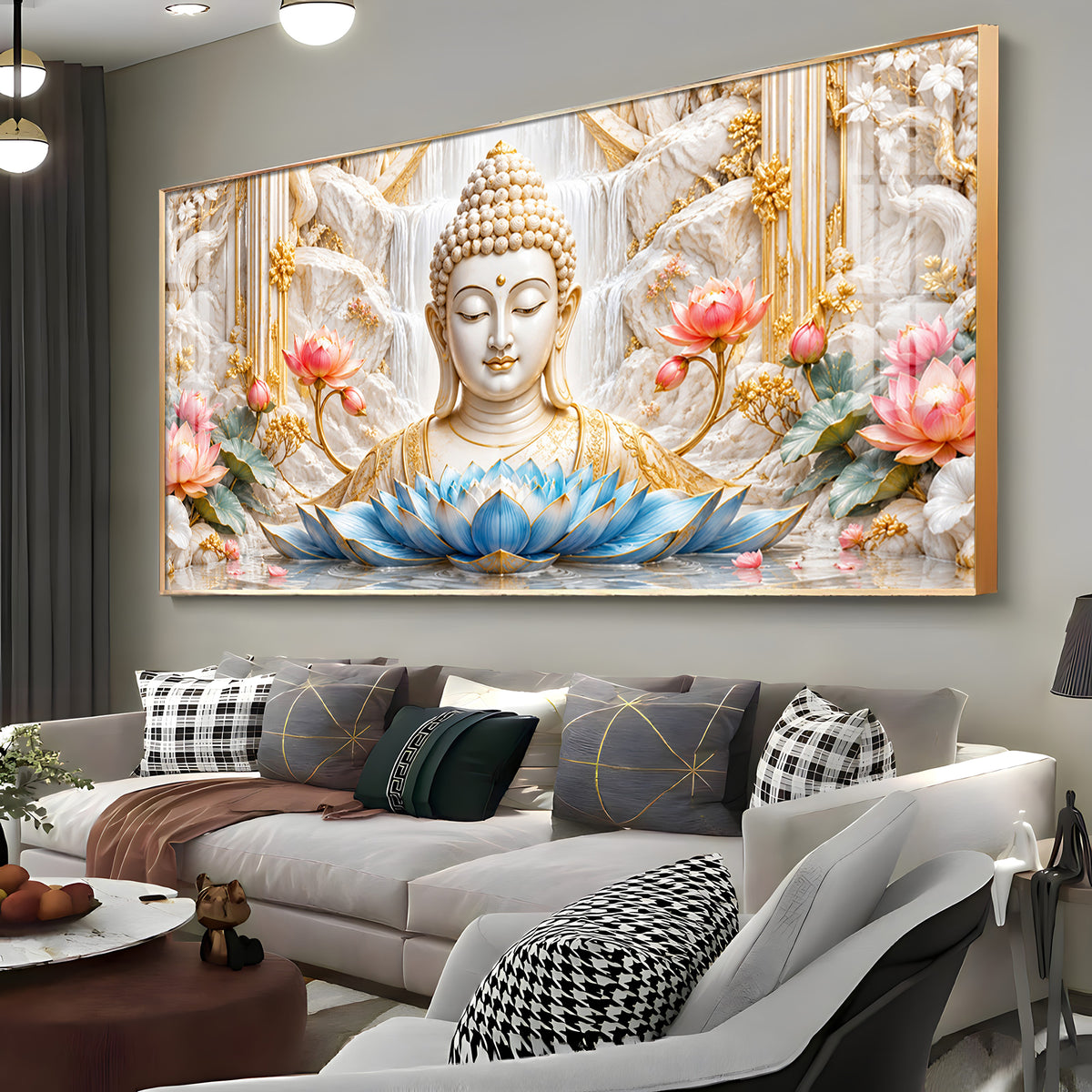 Buddha With Blue Lotus Premium Acrylic Horizontal Wall Art