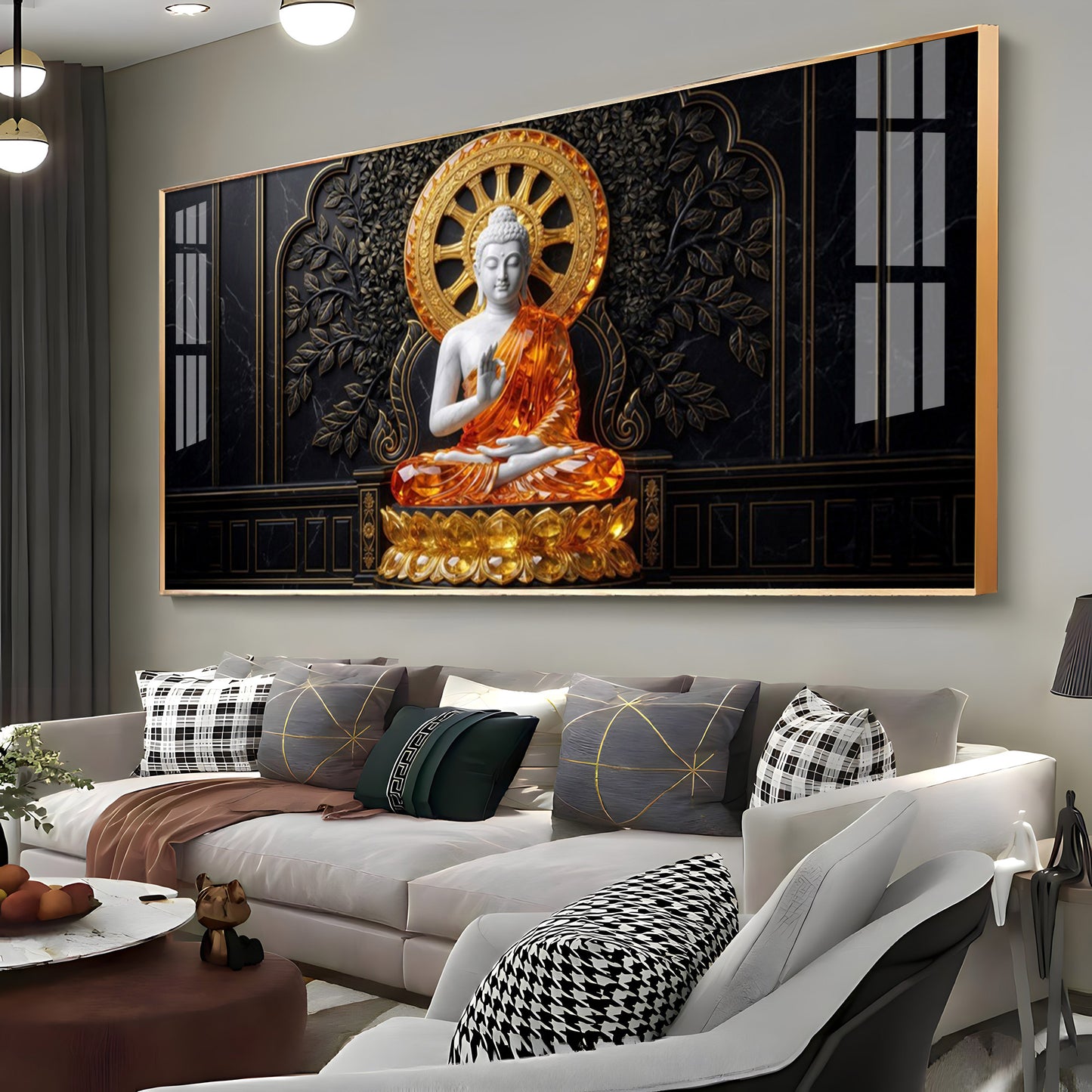 Buddha Meditating Gold & White Premium Acrylic Horizontal Wall Art