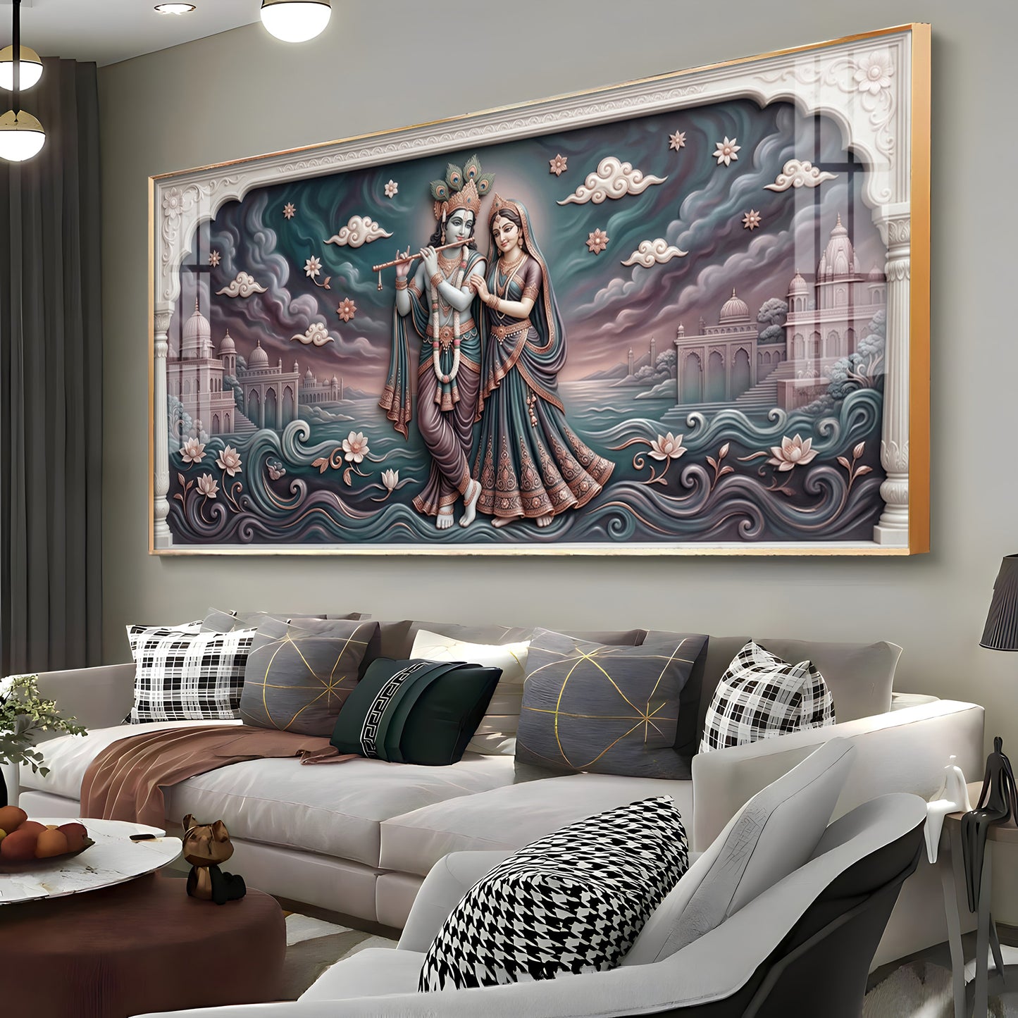 Radha Krishna In Lotus Filled Premium Acrylic Horizontal Wall Art