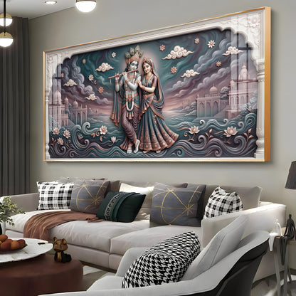 Radha Krishna In Lotus Filled Premium Acrylic Horizontal Wall Art