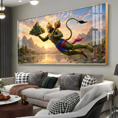 Lord Hanuman Carrying Sanjeevani Mountain Premium Acrylic Horizontal Wall Art