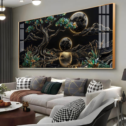 Tree & Sacred Mountains With Black & Gold Premium Acrylic Horizontal Wall Art