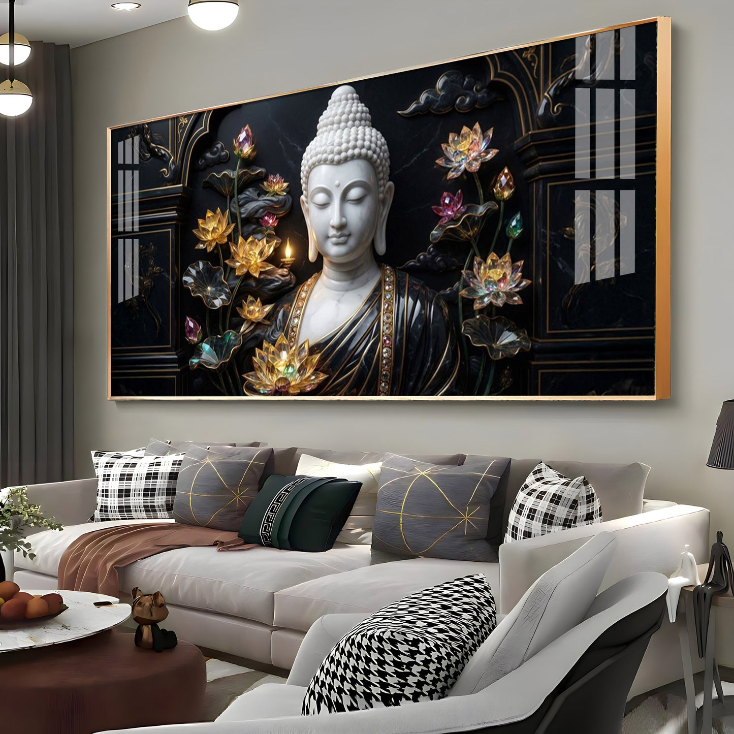 Buddha's Floral Embrace Premium Acrylic Horizontal Wall Art